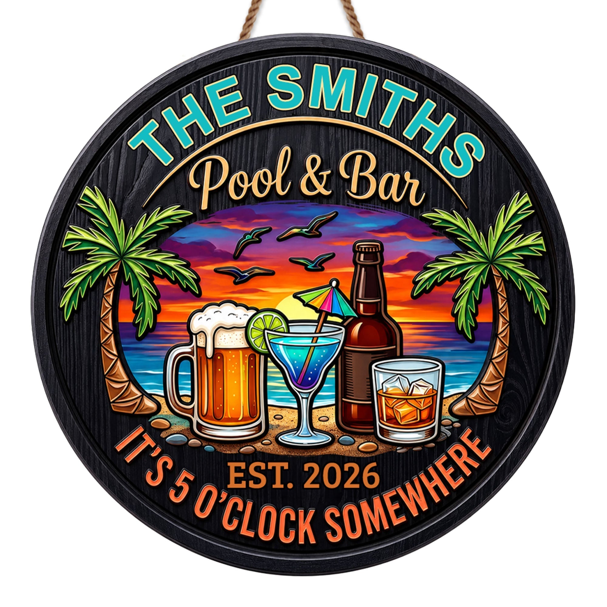 Personalized Wood Sign It's 5 O'clock Somewhere Custom Family Gift
