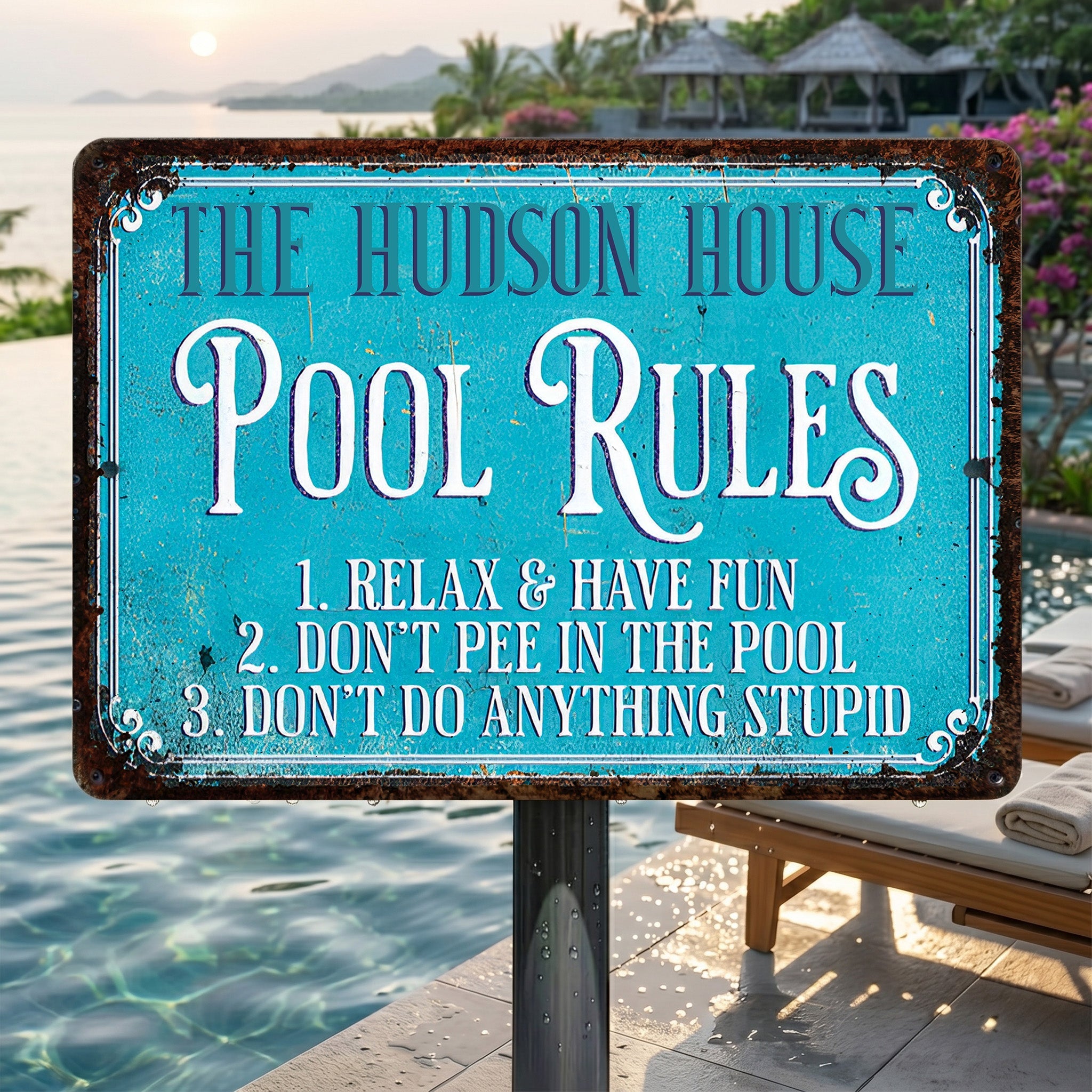 Personalized Metal Pool Rules Sign Custom Family Name Gift