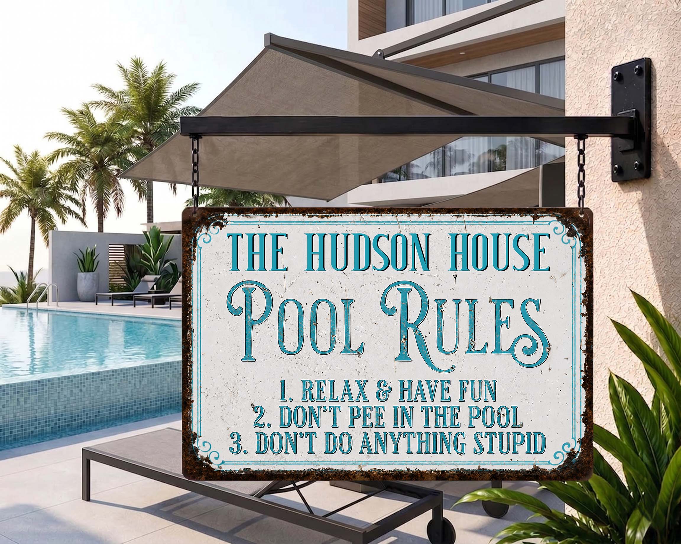 Personalized Metal Pool Rules Sign Custom Family Name Gift