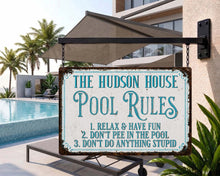 Load image into Gallery viewer, Personalized Metal Pool Rules Sign Custom Family Name Gift
