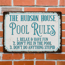 Load image into Gallery viewer, Personalized Metal Pool Rules Sign Custom Family Name Gift
