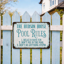 Load image into Gallery viewer, Personalized Metal Pool Rules Sign Custom Family Name Gift
