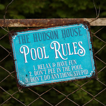 Load image into Gallery viewer, Personalized Metal Pool Rules Sign Custom Family Name Gift
