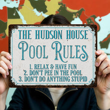 Load image into Gallery viewer, Personalized Metal Pool Rules Sign Custom Family Name Gift
