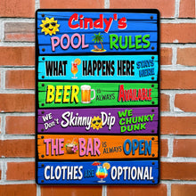 Load image into Gallery viewer, Personalized Metal Sign Pool Rules Custom Name Gift for Home

