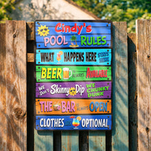 Load image into Gallery viewer, Personalized Metal Sign Pool Rules Custom Name Gift for Home
