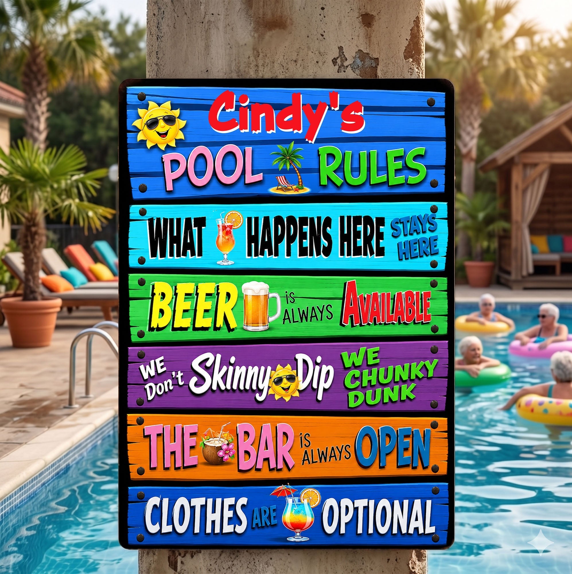Personalized Metal Sign Pool Rules Custom Name Gift for Home