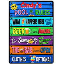 Load image into Gallery viewer, Personalized Metal Sign Pool Rules Custom Name Gift for Home
