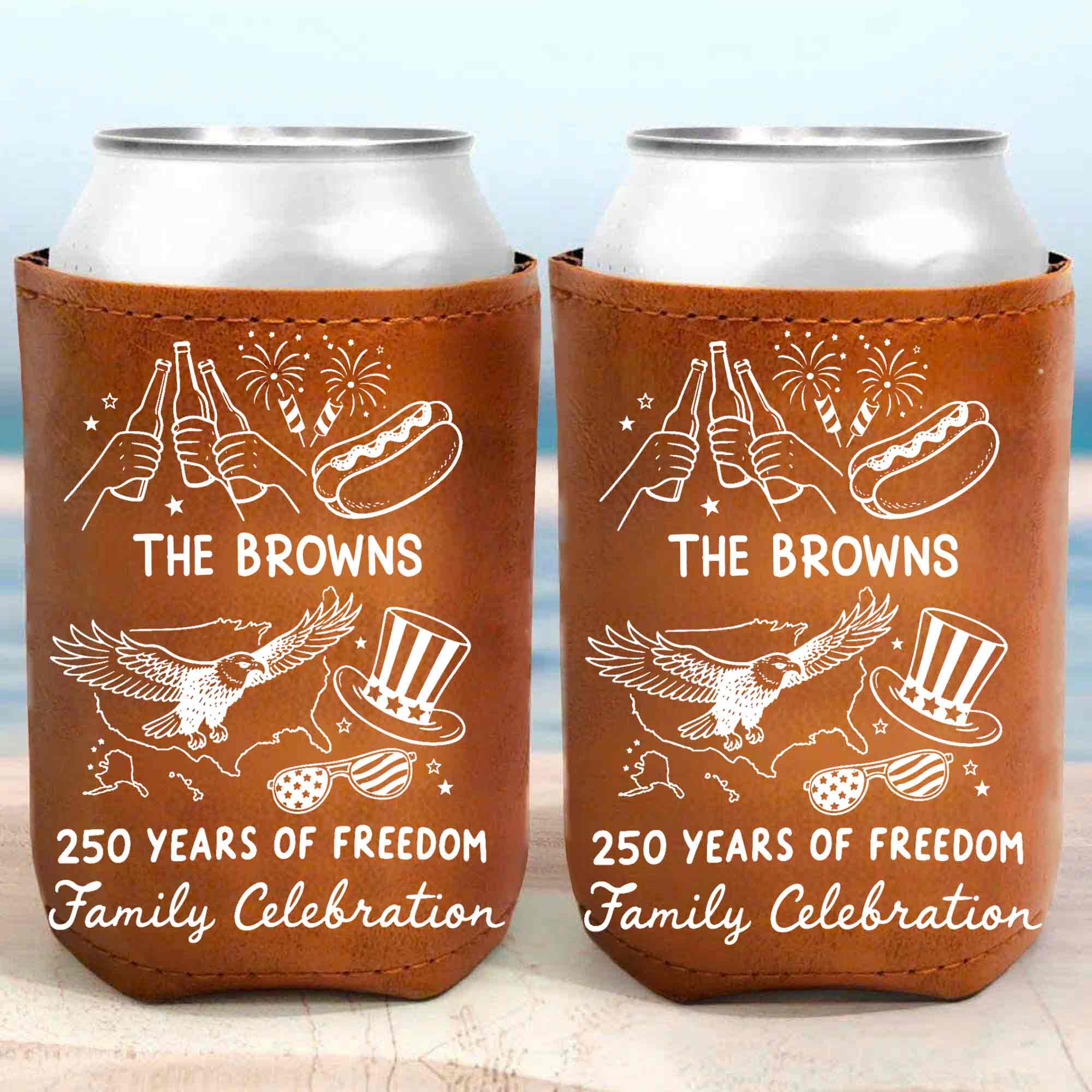 Personalized Leather Can Cooler Custom Family Name Eagle 4th of July Gift