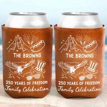 Load image into Gallery viewer, Personalized Leather Can Cooler Custom Family Name Eagle 4th of July Gift
