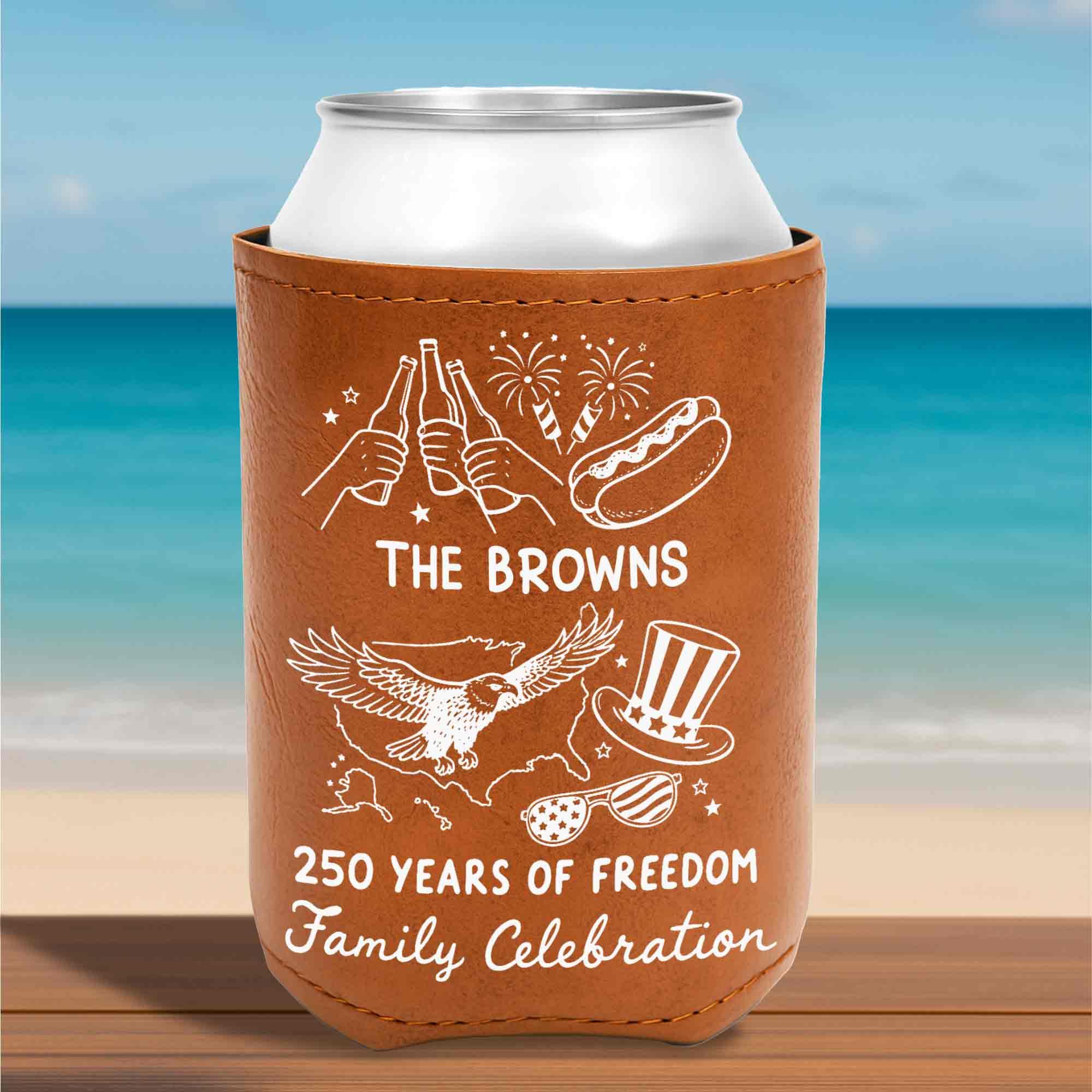 Personalized Leather Can Cooler Custom Family Name Eagle 4th of July Gift