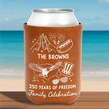 Load image into Gallery viewer, Personalized Leather Can Cooler Custom Family Name Eagle 4th of July Gift
