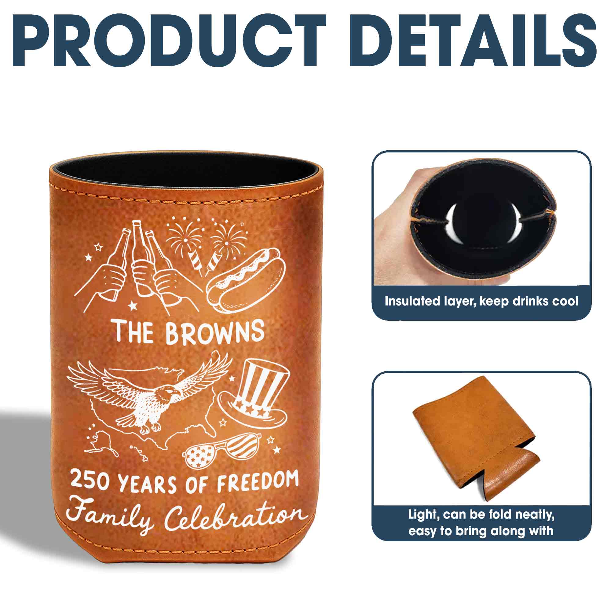Personalized Leather Can Cooler Custom Family Name Eagle 4th of July Gift