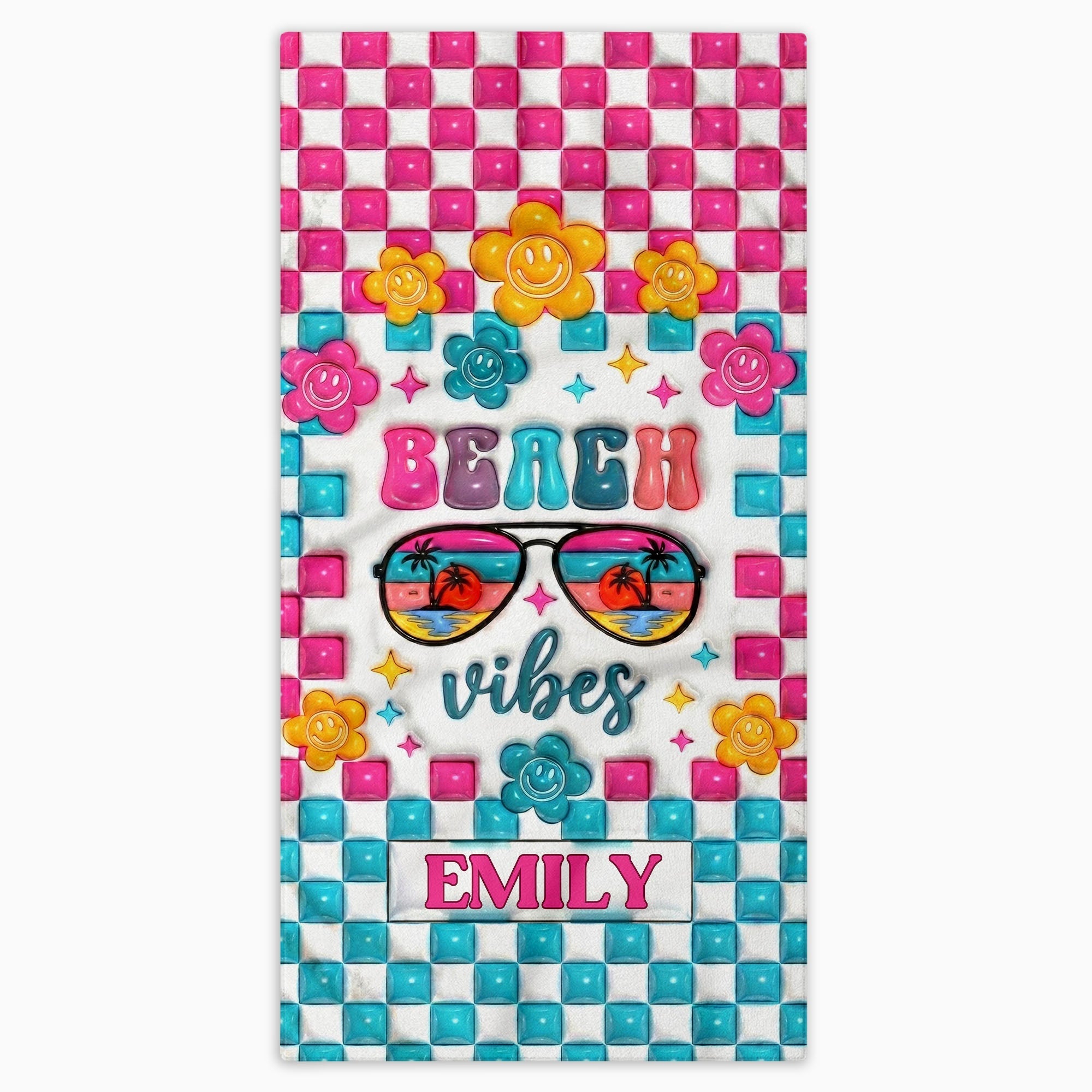 Personalized Beach Towel Custom Name Checkered Design Gift
