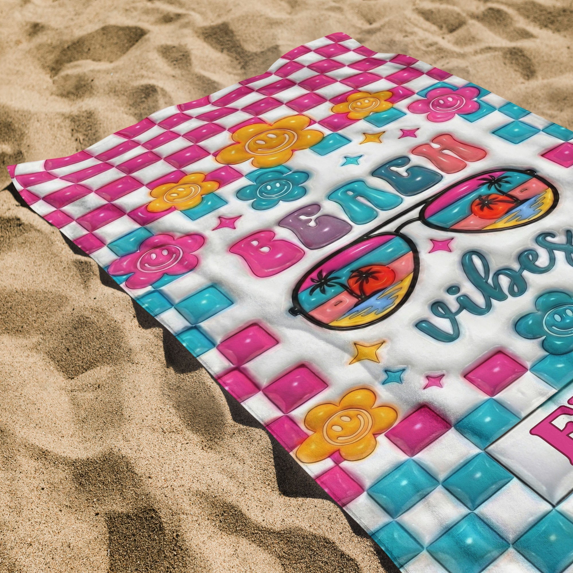 Personalized Beach Towel Custom Name Checkered Design Gift