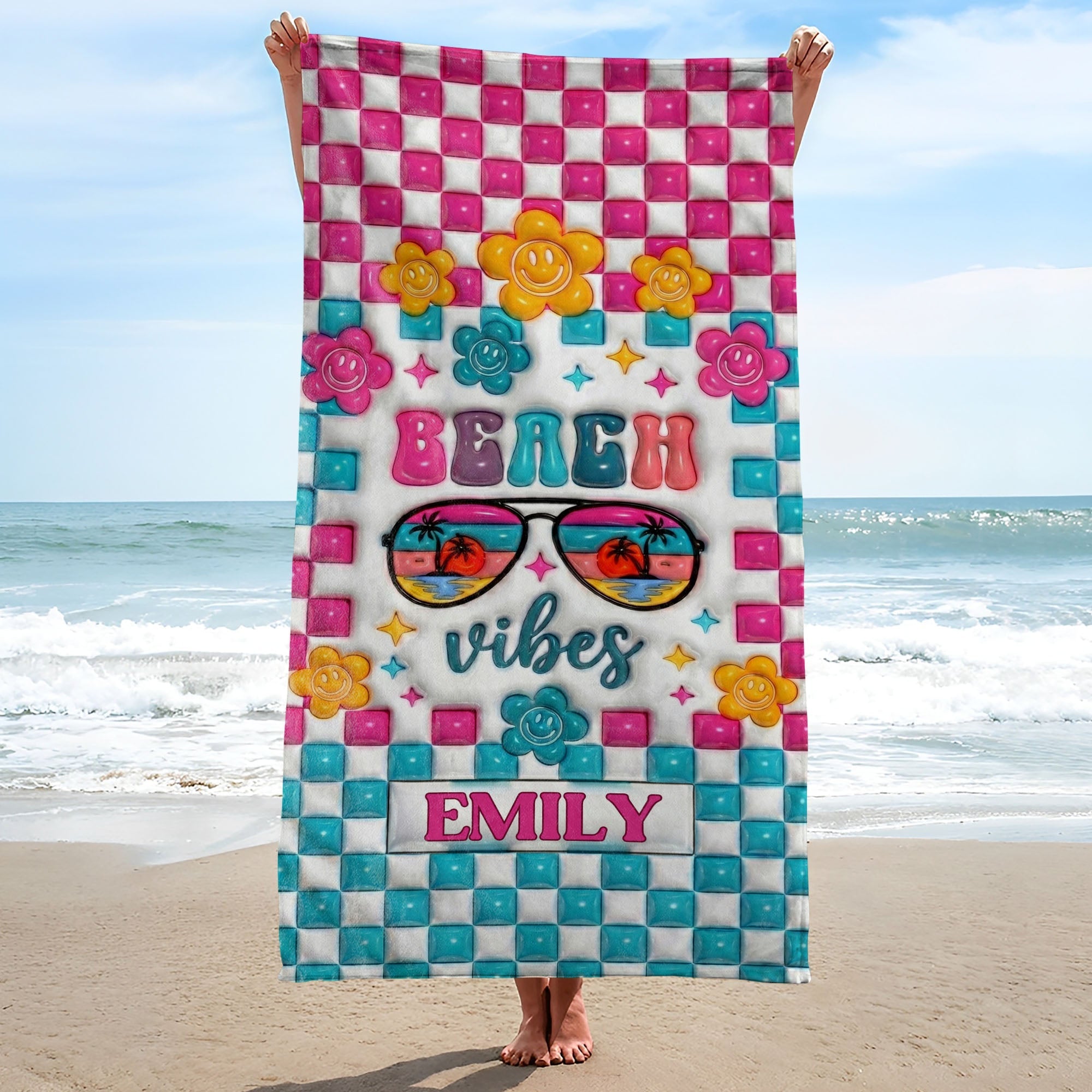 Personalized Beach Towel Custom Name Checkered Design Gift