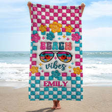 Load image into Gallery viewer, Personalized Beach Towel Custom Name Checkered Design Gift
