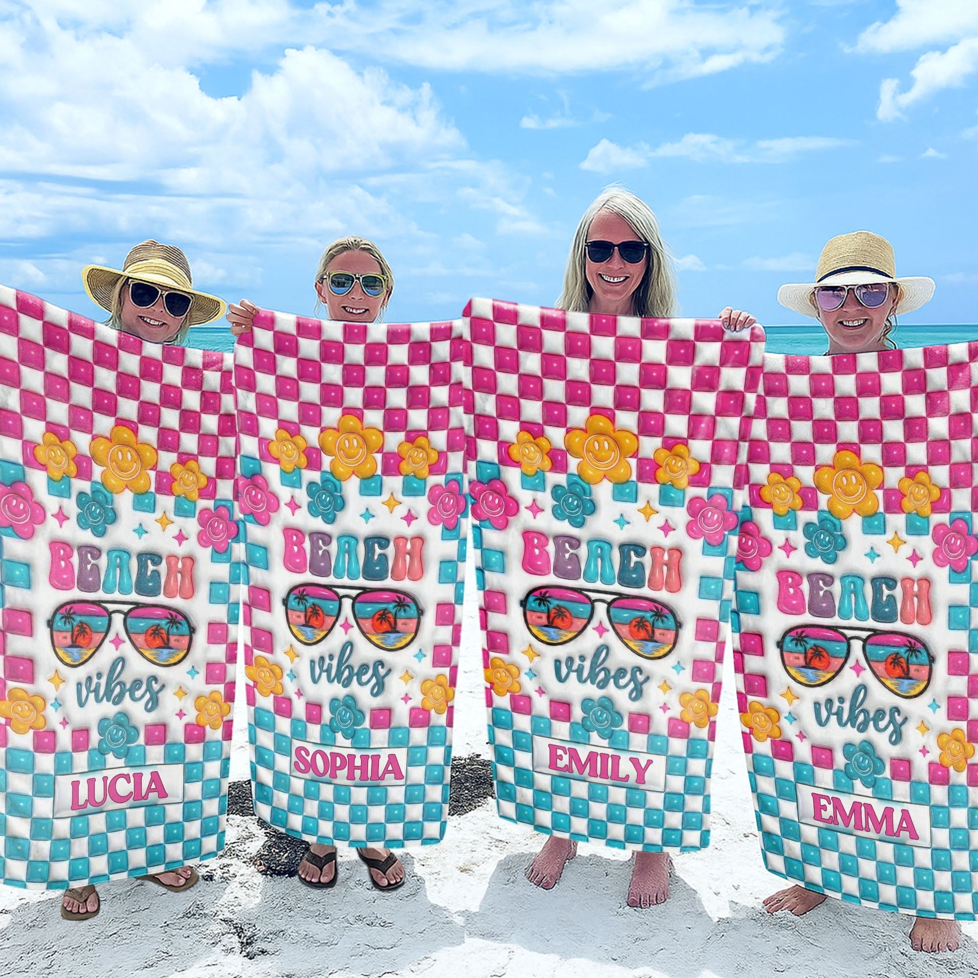 Personalized Beach Towel Custom Name Checkered Design Gift