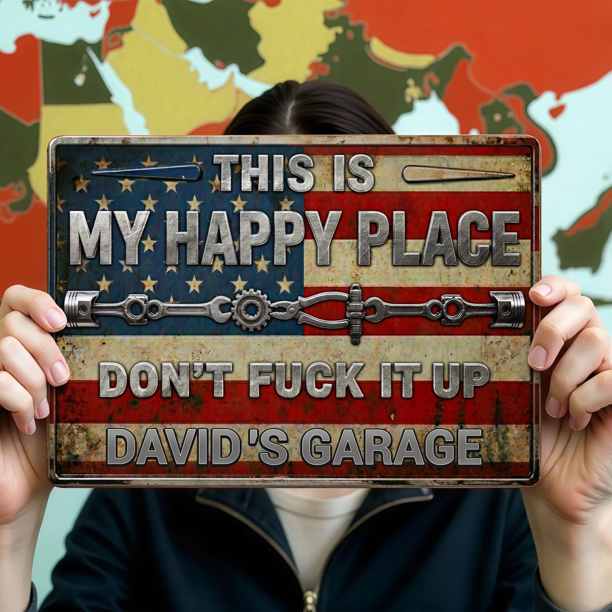 Personalized Metal Sign Custom Name American Flag Gift for Dad