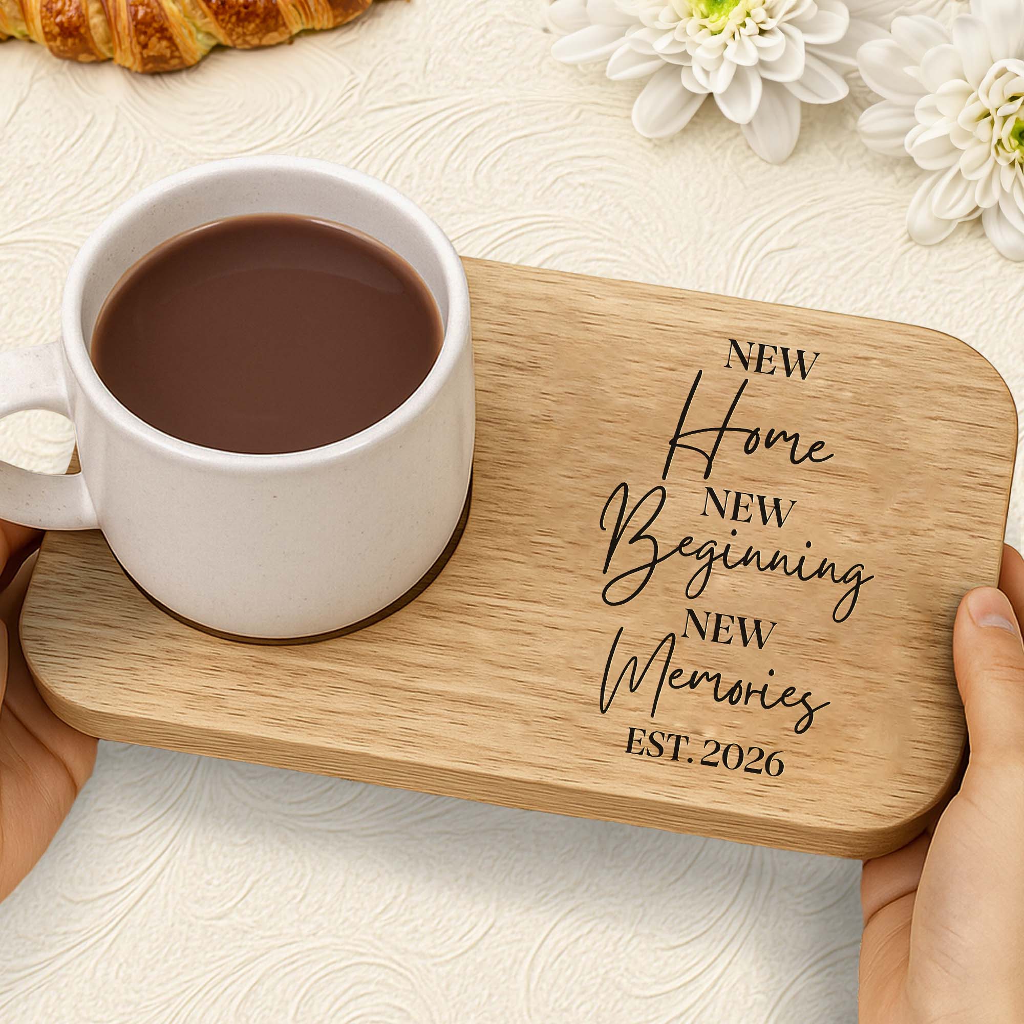 Personalized Wood Grain Serving Board with Cup Holder Gift for Couples