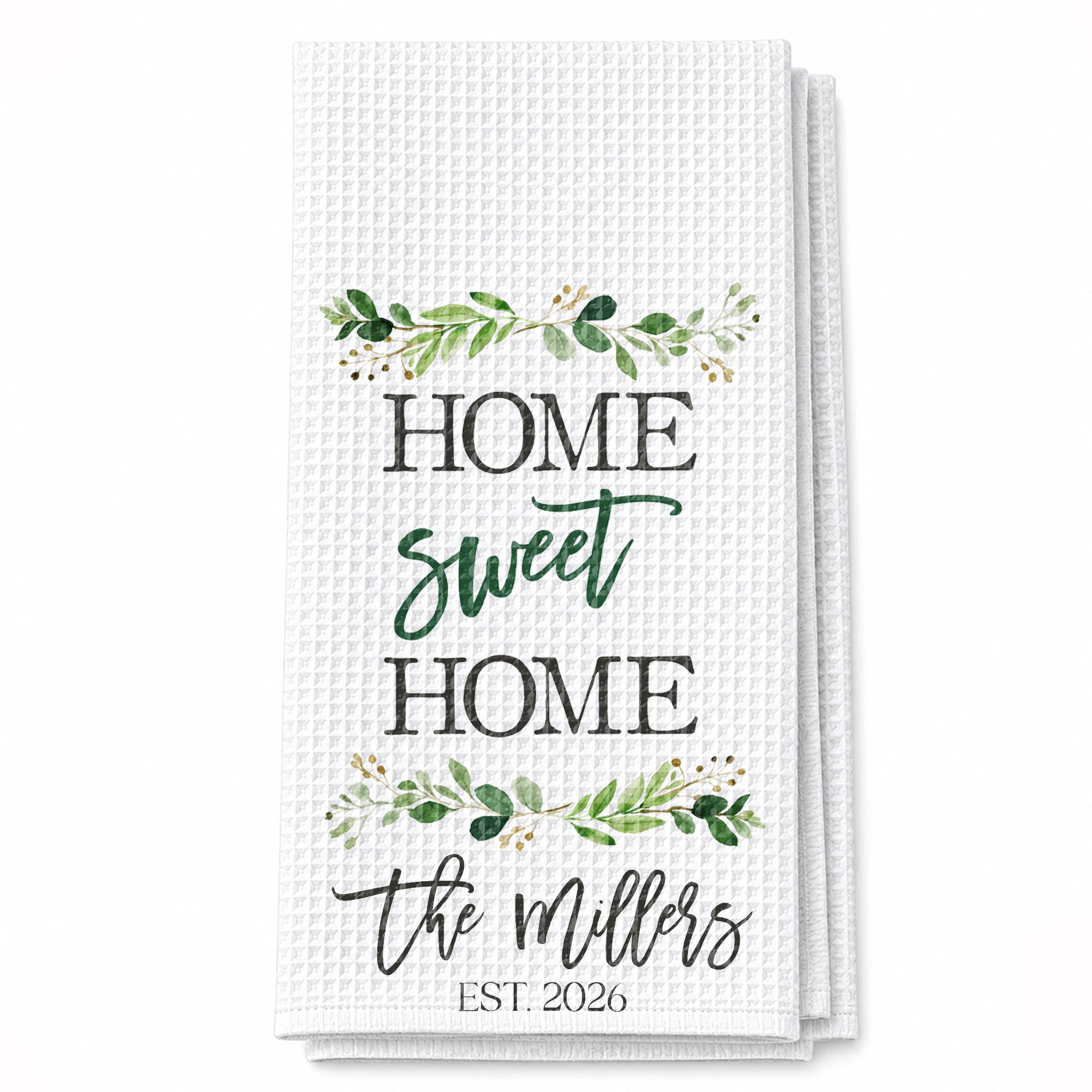 Personalized Kitchen Towel Custom Family Name Greenery Gift