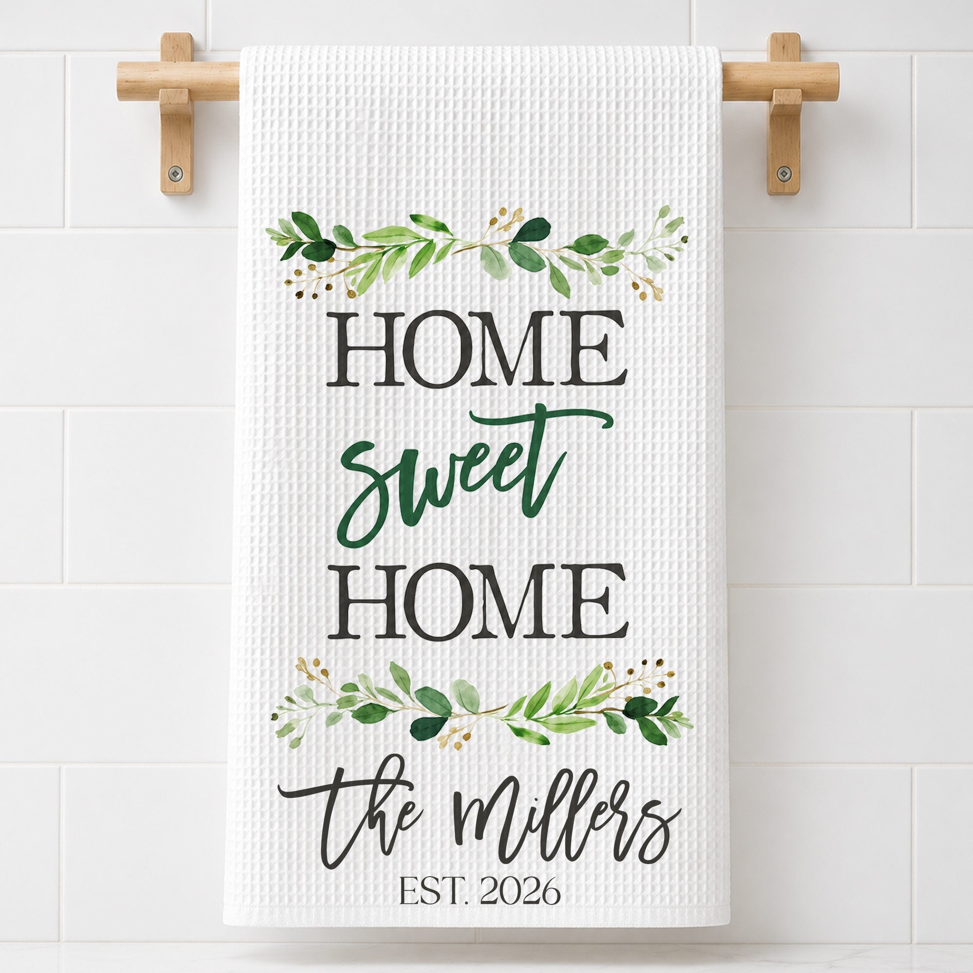 Personalized Kitchen Towel Custom Family Name Greenery Gift