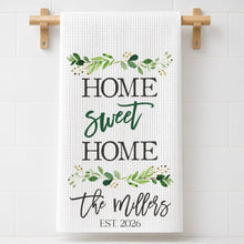 Load image into Gallery viewer, Personalized Kitchen Towel Custom Family Name Greenery Gift
