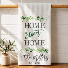 Load image into Gallery viewer, Personalized Kitchen Towel Custom Family Name Greenery Gift
