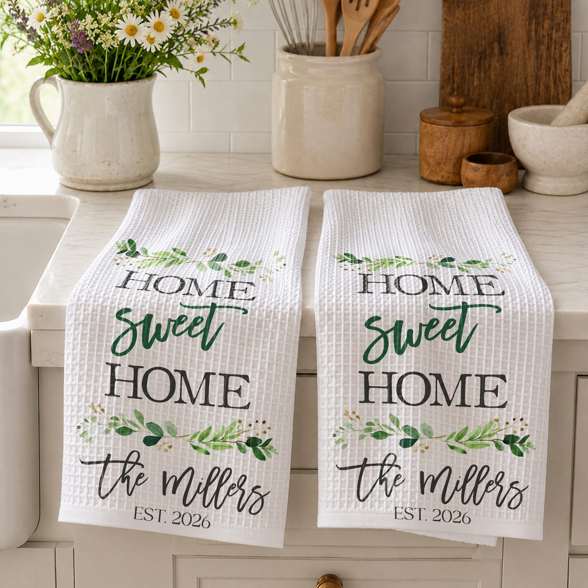 Personalized Kitchen Towel Custom Family Name Greenery Gift