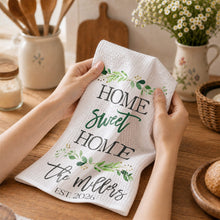 Load image into Gallery viewer, Personalized Kitchen Towel Custom Family Name Greenery Gift
