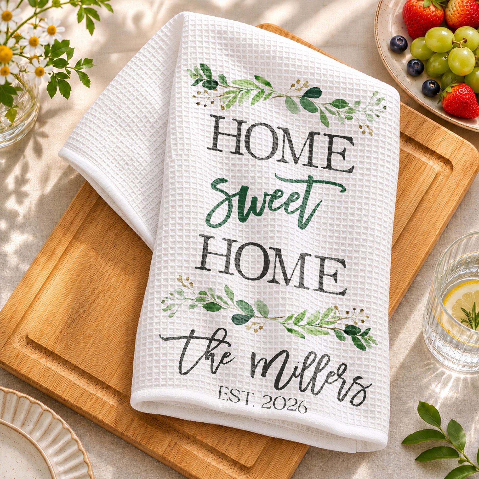 Personalized Kitchen Towel Custom Family Name Greenery Gift