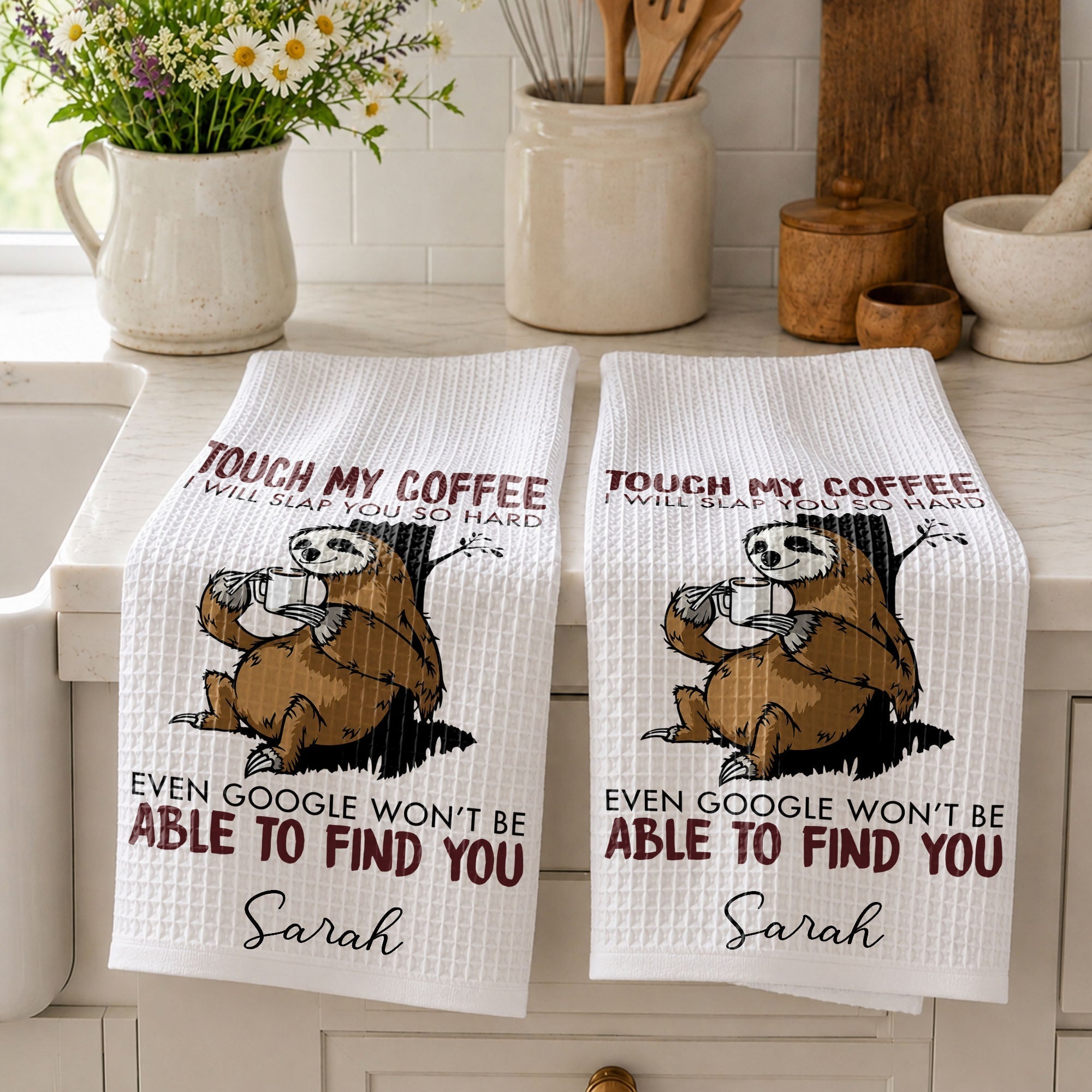 Personalized Funny Sloth Kitchen Towel Custom Gift for Coffee Lovers