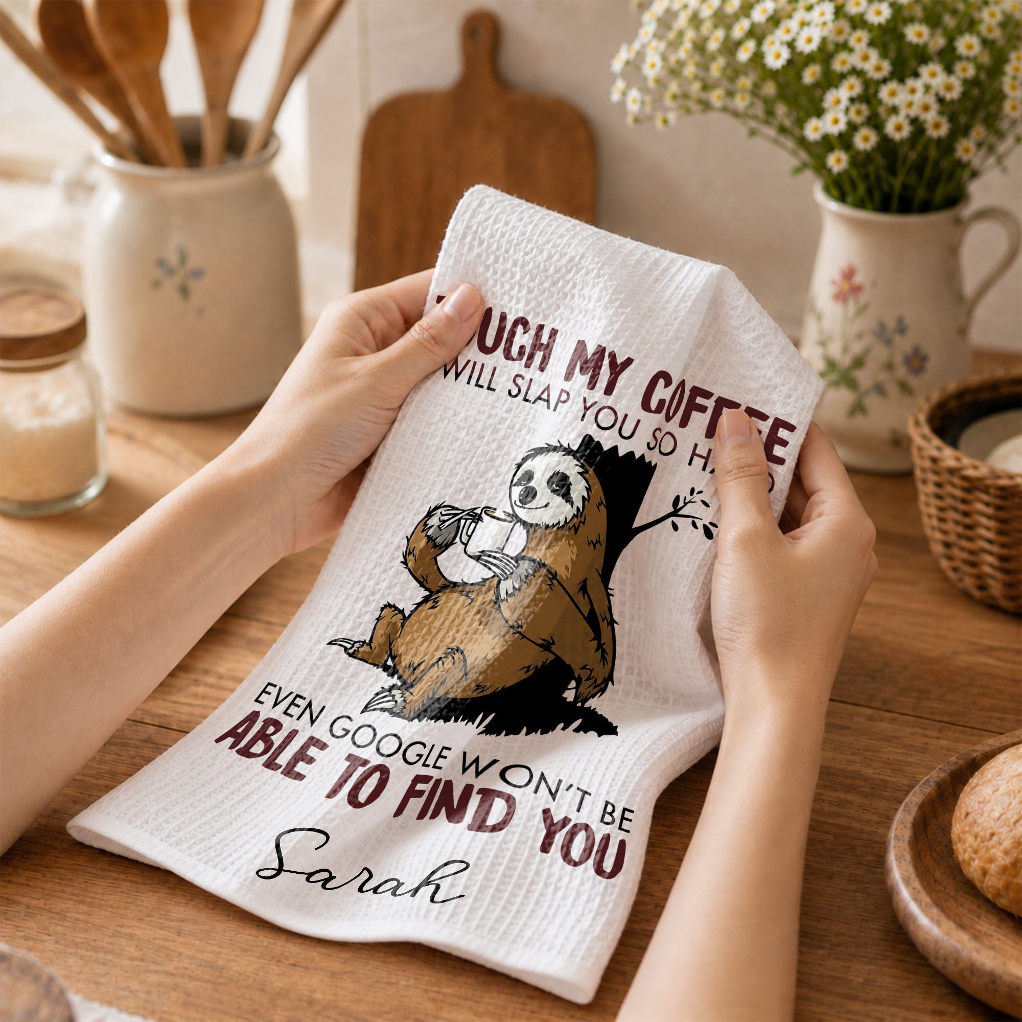Personalized Funny Sloth Kitchen Towel Custom Gift for Coffee Lovers