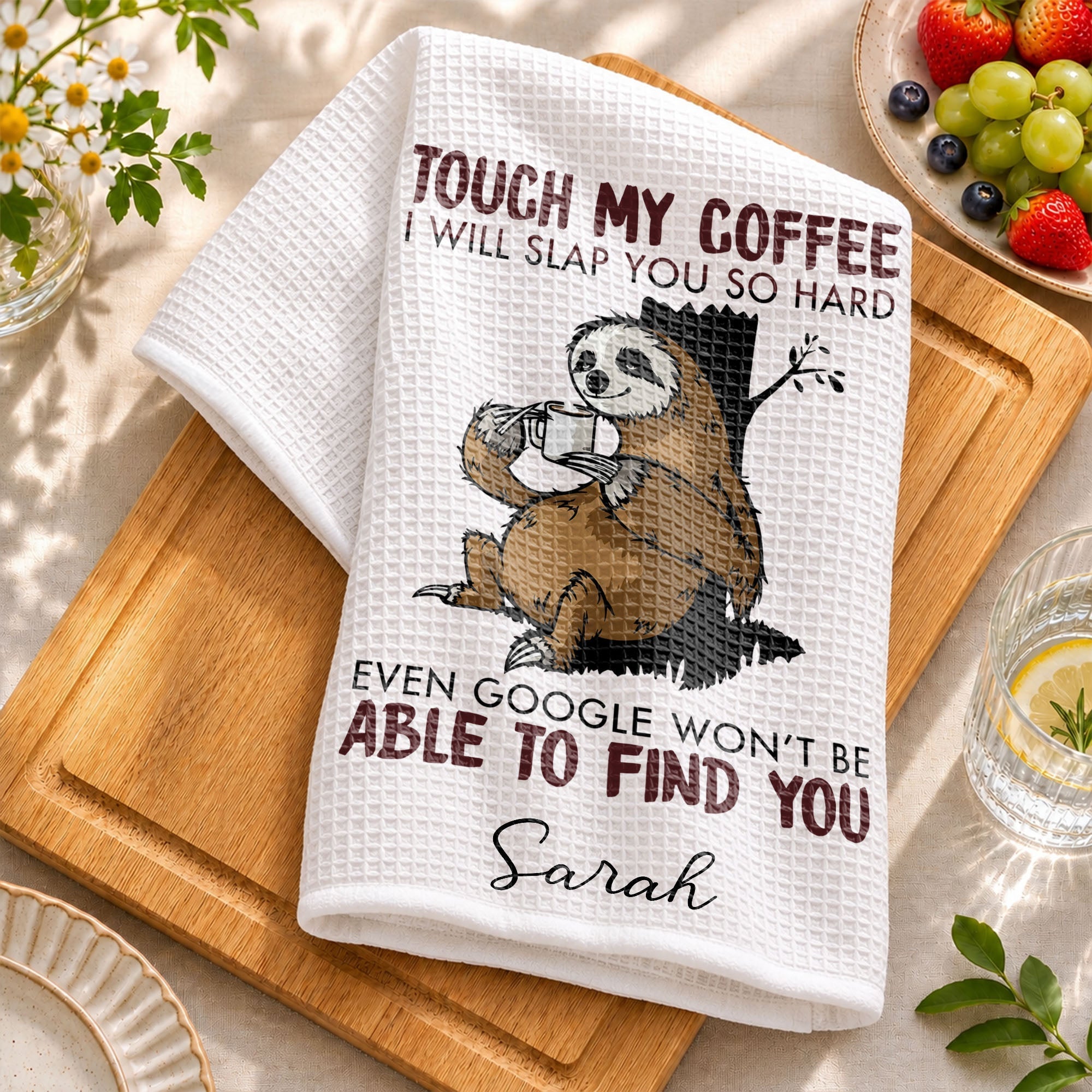 Personalized Funny Sloth Kitchen Towel Custom Gift for Coffee Lovers