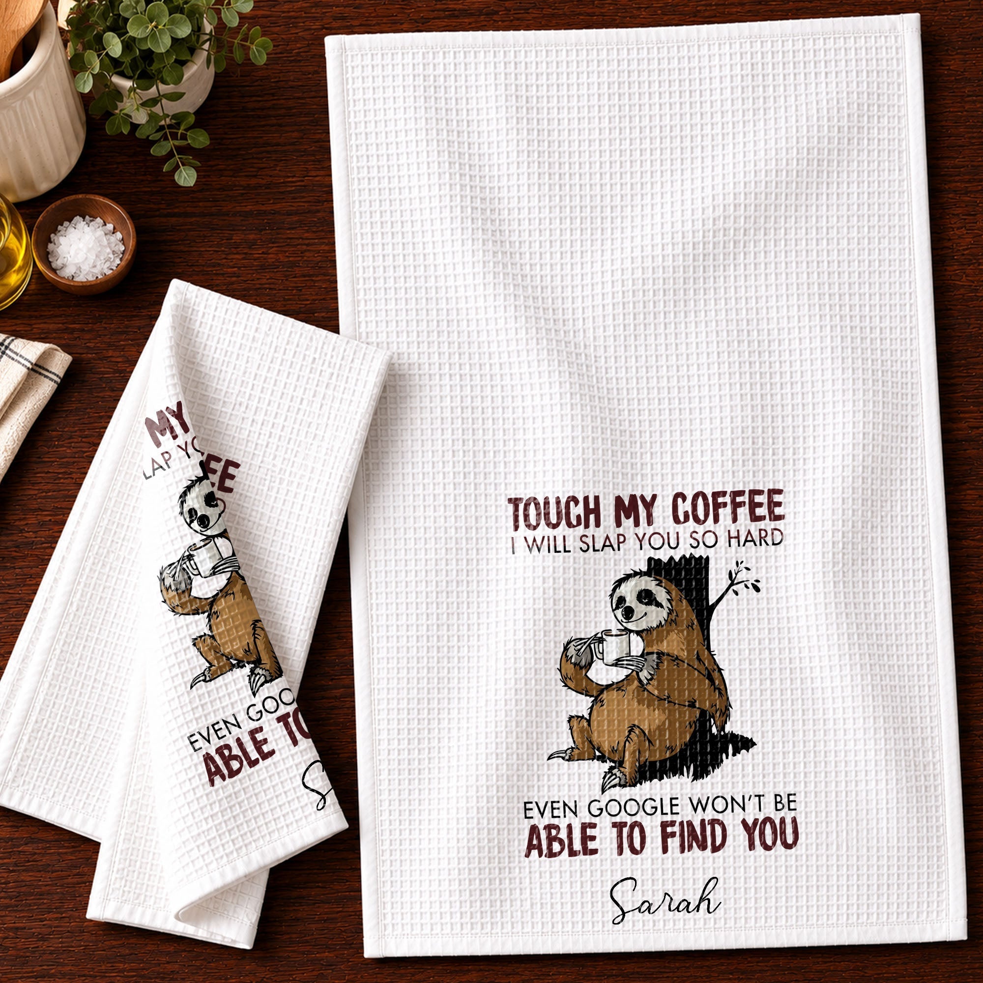 Personalized Funny Sloth Kitchen Towel Custom Gift for Coffee Lovers