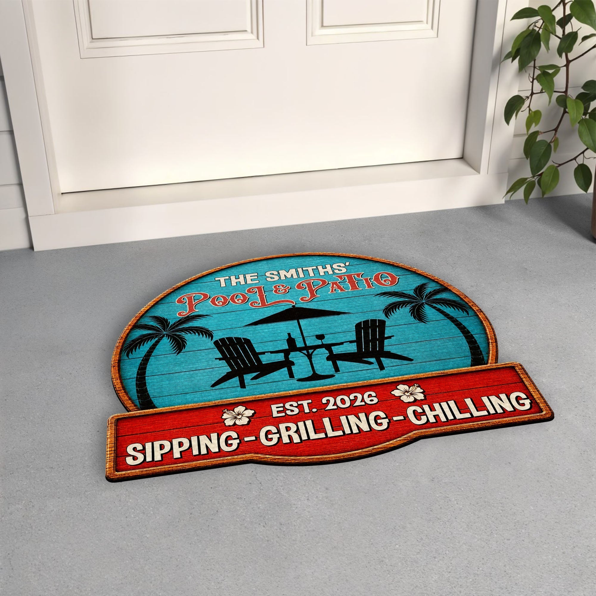 Personalized Custom Shaped Doormat with Palm Trees & Chairs