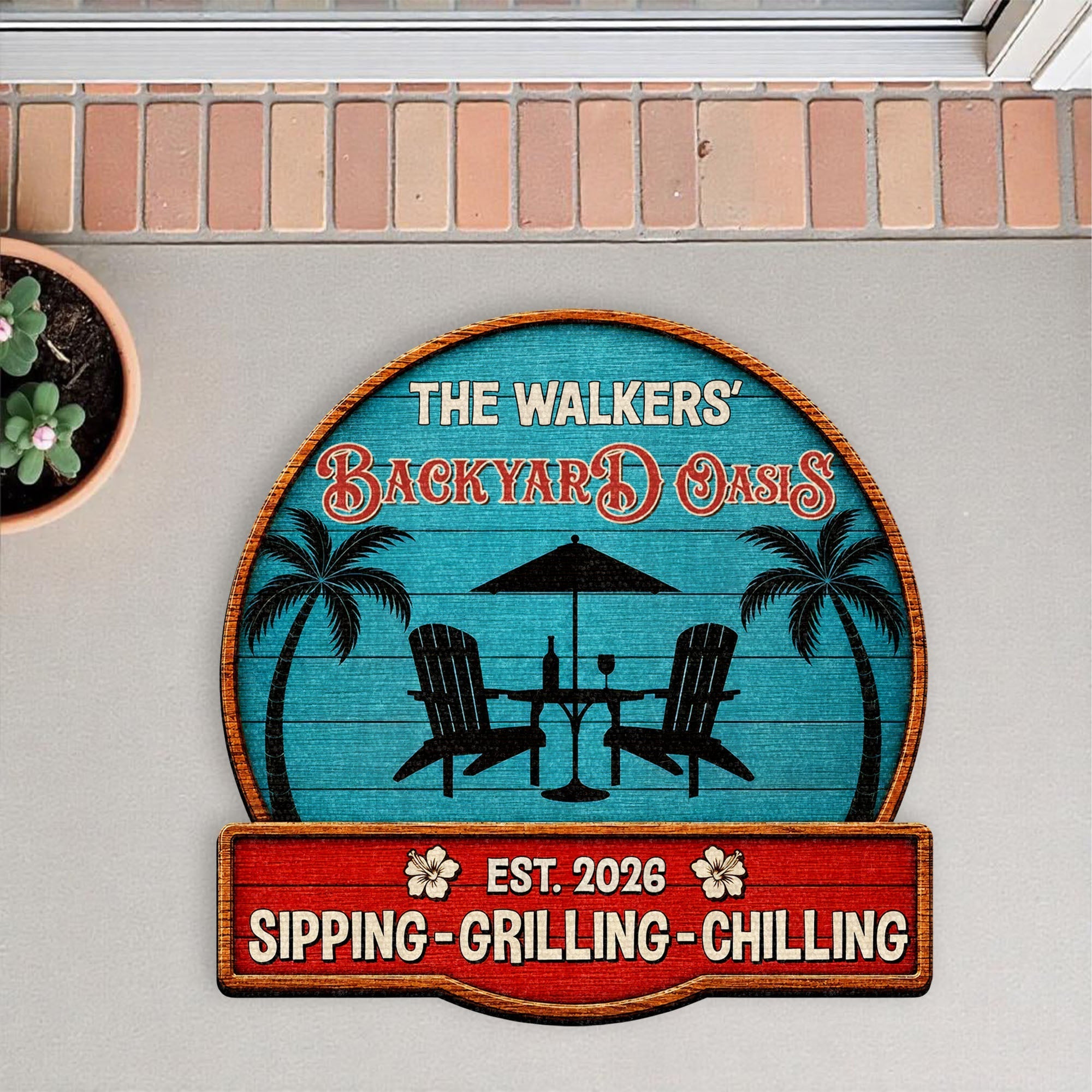 Personalized Custom Shaped Doormat with Palm Trees & Chairs