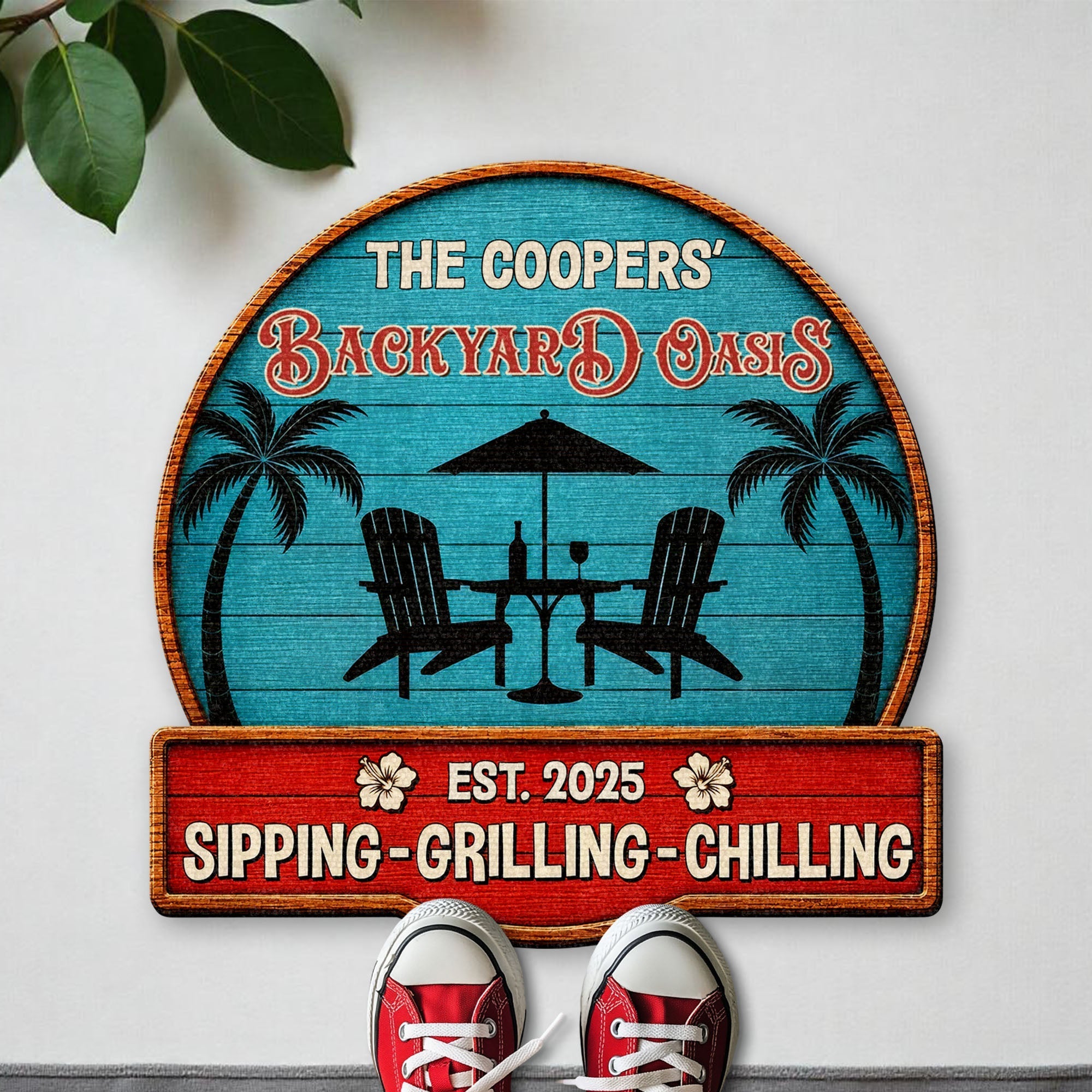 Personalized Custom Shaped Doormat with Palm Trees & Chairs