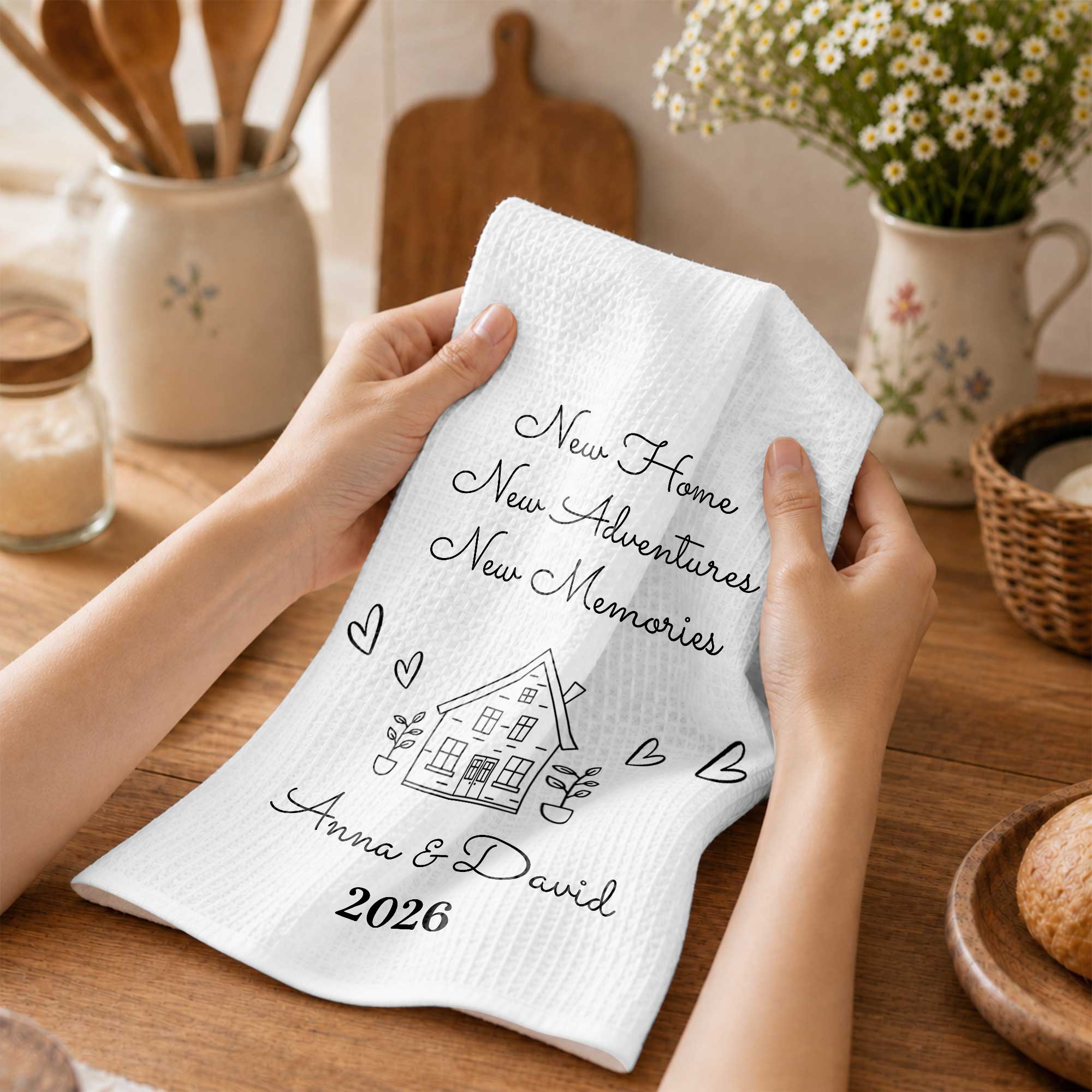 Personalized Kitchen Towel Custom House Hearts Gift for Family
