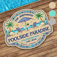 Load image into Gallery viewer, Personalized Custom-Shaped Doormat Family Name Palm Trees Beach Chairs
