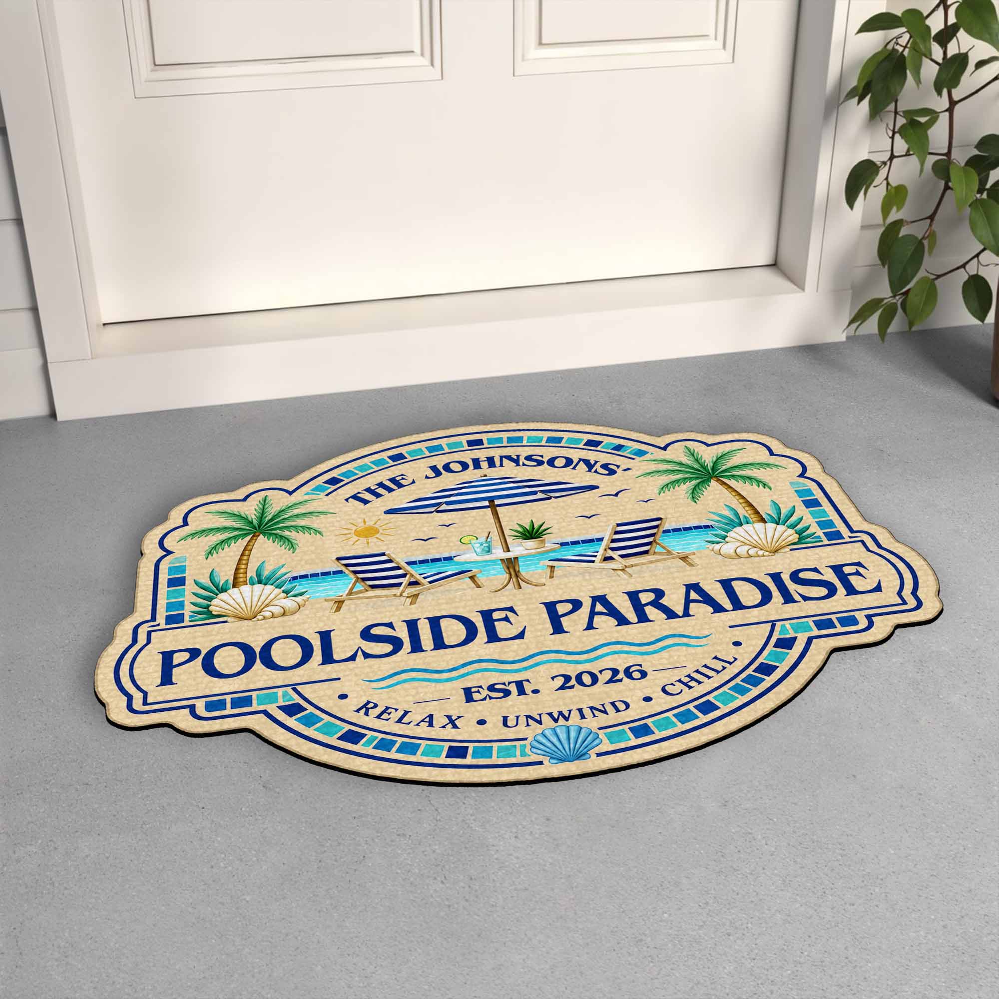 Personalized Custom-Shaped Doormat Family Name Palm Trees Beach Chairs