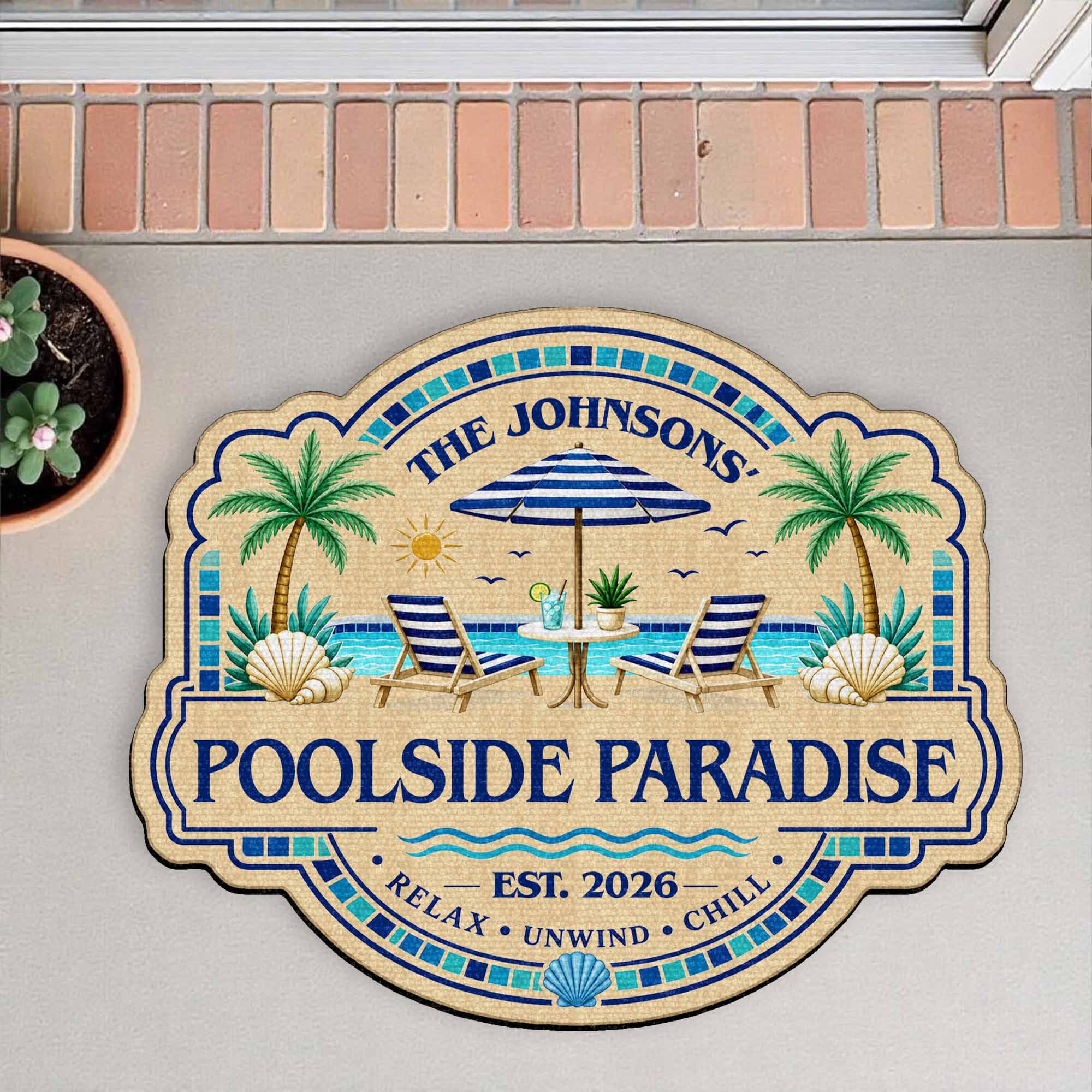 Personalized Custom-Shaped Doormat Family Name Palm Trees Beach Chairs
