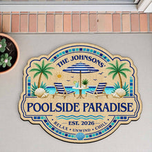 Load image into Gallery viewer, Personalized Custom-Shaped Doormat Family Name Palm Trees Beach Chairs
