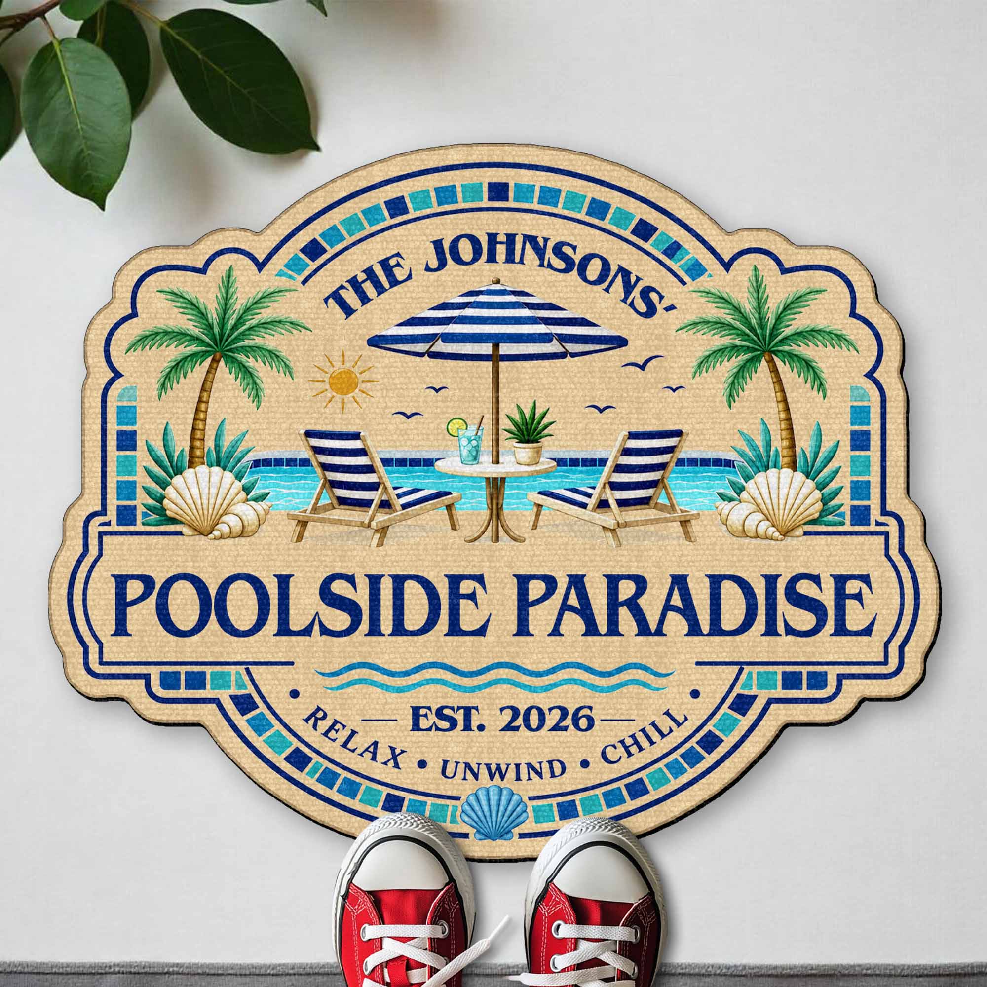 Personalized Custom-Shaped Doormat Family Name Palm Trees Beach Chairs