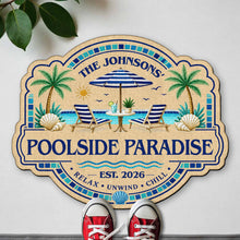 Load image into Gallery viewer, Personalized Custom-Shaped Doormat Family Name Palm Trees Beach Chairs
