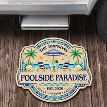 Load image into Gallery viewer, Personalized Custom-Shaped Doormat Family Name Palm Trees Beach Chairs
