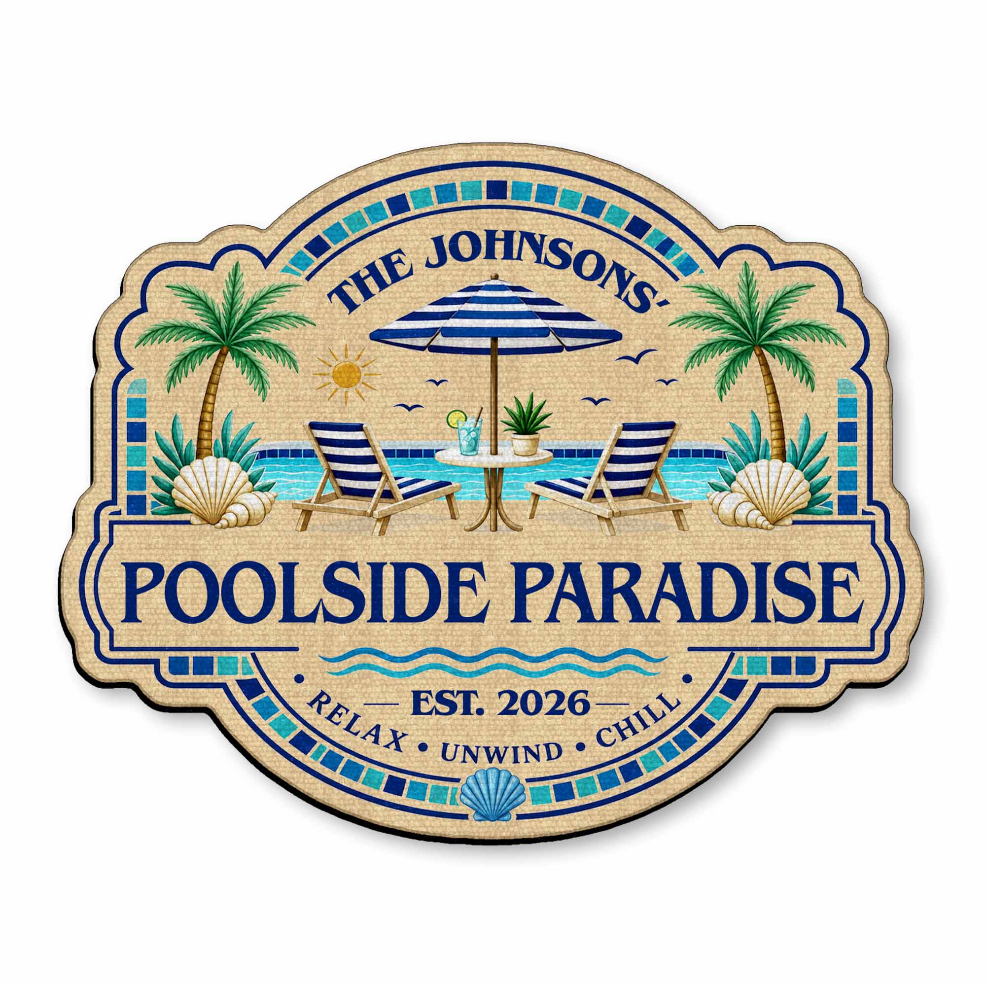 Personalized Custom-Shaped Doormat Family Name Palm Trees Beach Chairs