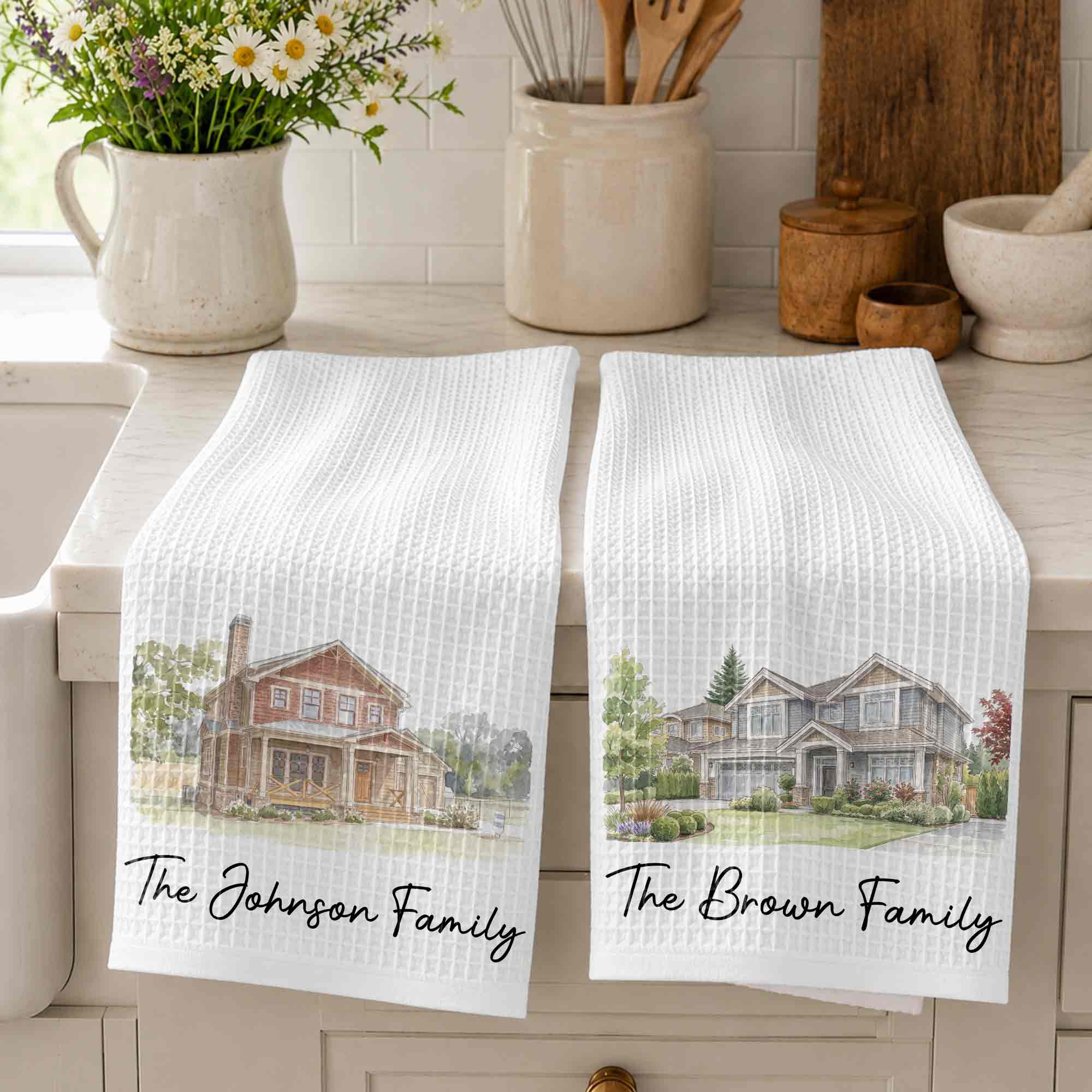 Personalized Kitchen Towel Custom Family Watercolor Design Gift