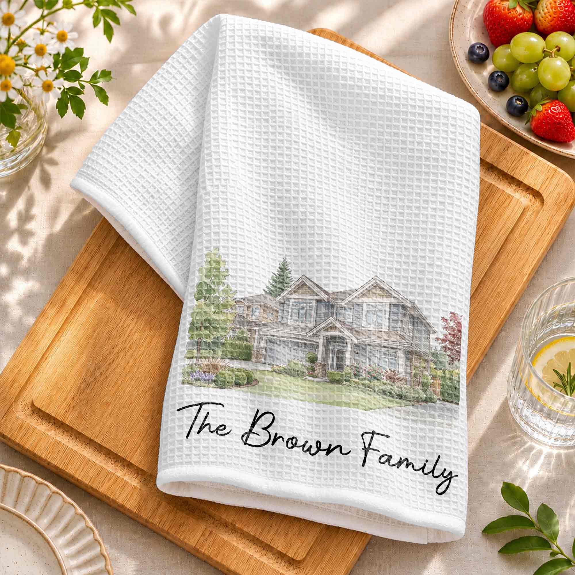 Personalized Kitchen Towel Custom Family Watercolor Design Gift
