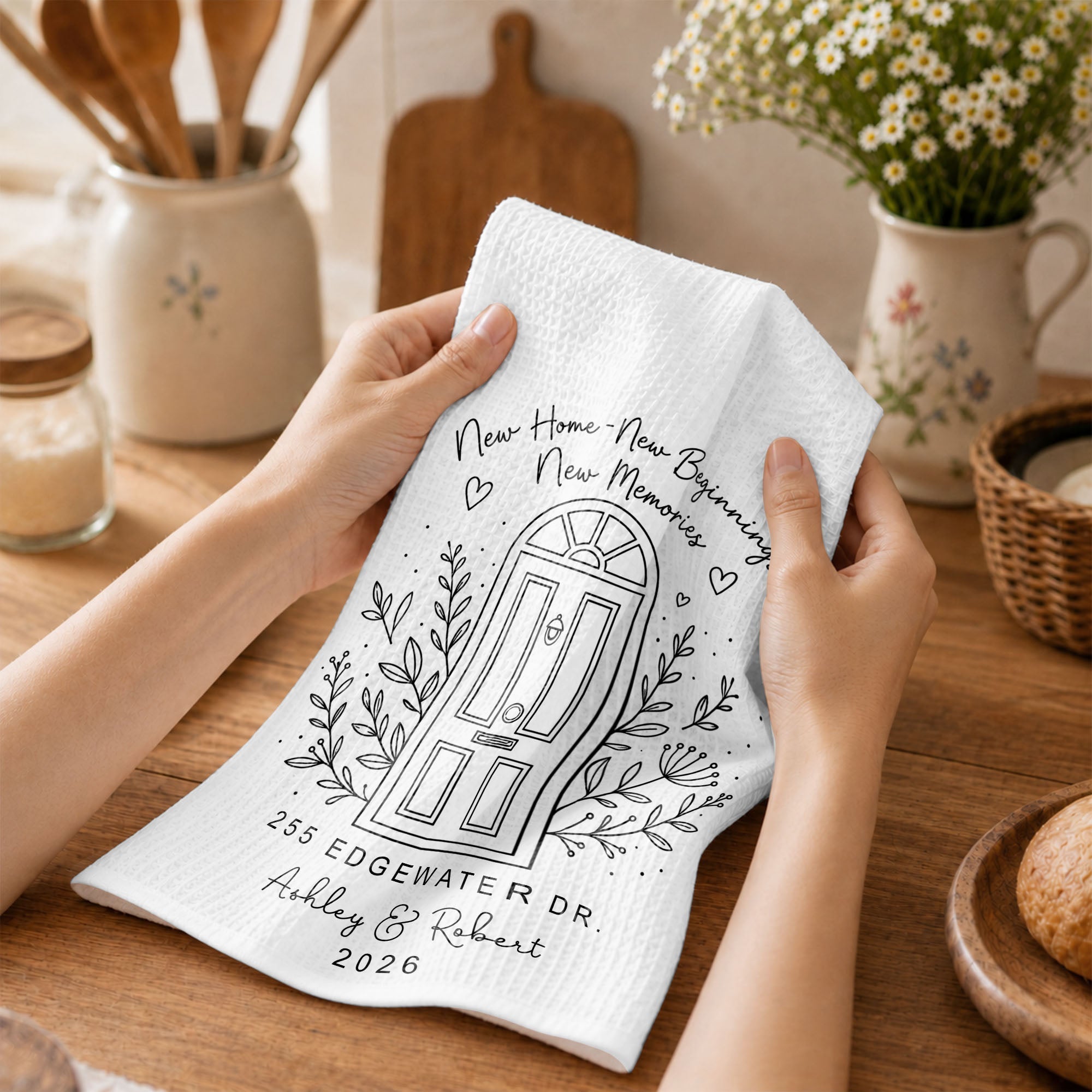 Personalized Floral Heart Kitchen Towel Custom Name Gift for Family